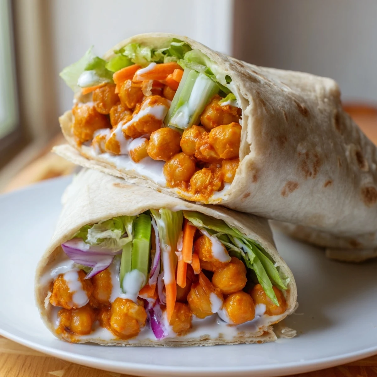 Golden buffalo chickpea wraps with crisp lettuce, shredded carrots, and creamy ranch dressing folded in warm tortillas