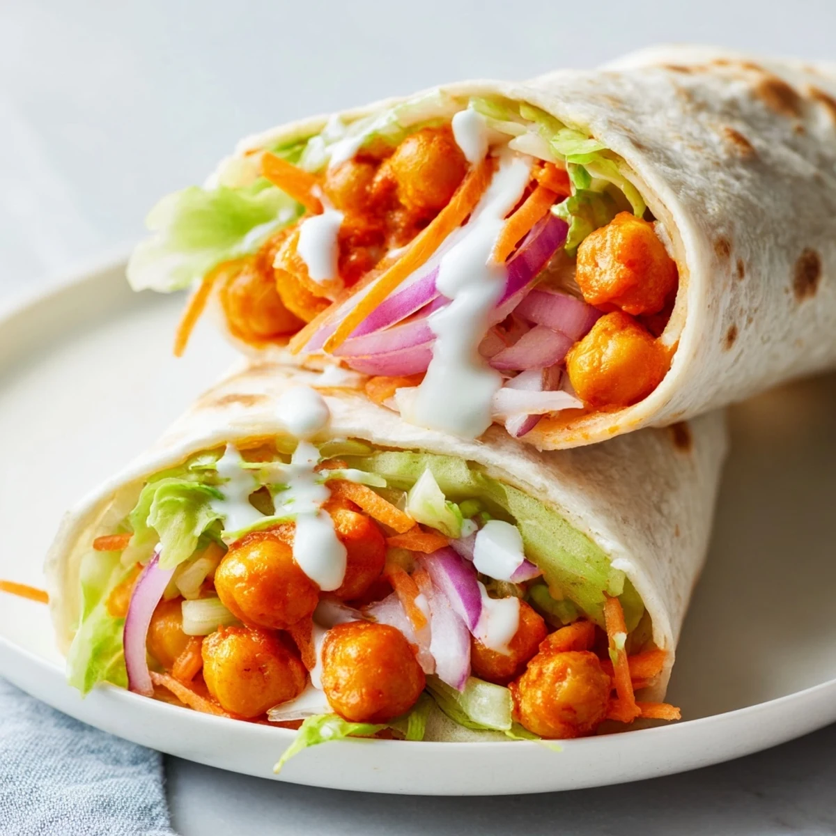 Spicy buffalo chickpea mixture nestled in flour wraps alongside crunchy celery, red onion, and cool dressing