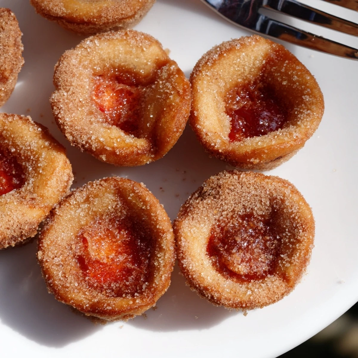 Golden brown cherry pie bites with bubbling red fruit filling in mini muffin cups