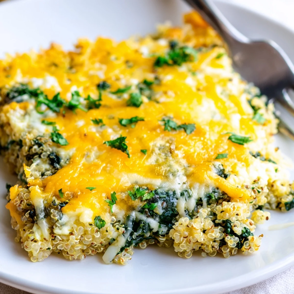Golden brown quinoa spinach and egg bake with melted cheddar cheese topping