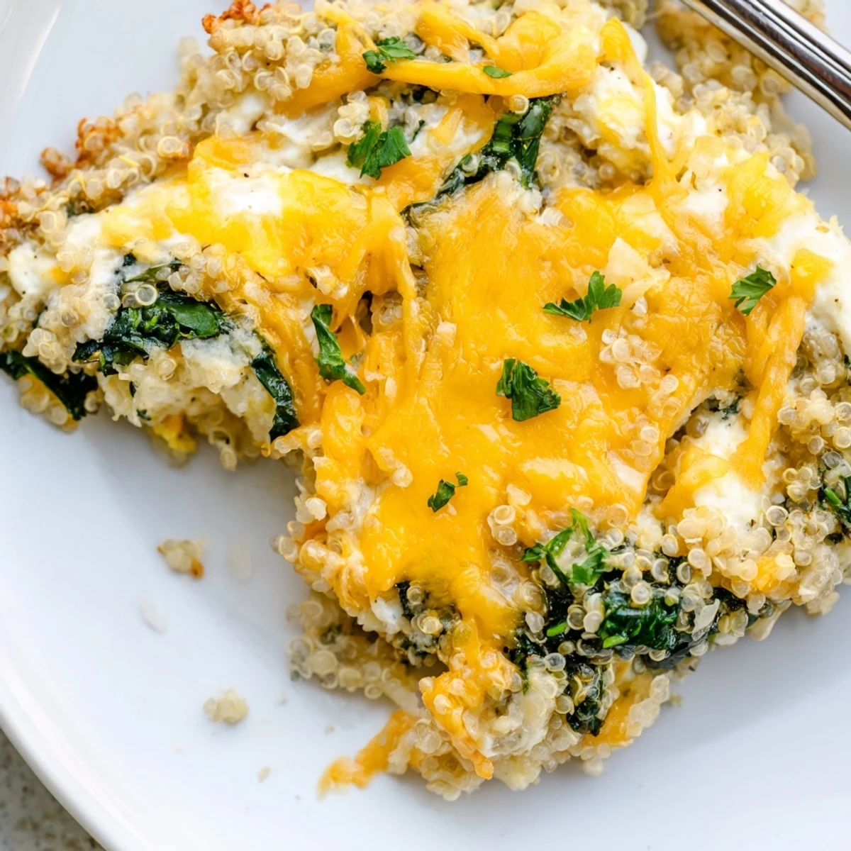 Wholesome breakfast casserole featuring baked eggs nestled in fluffy quinoa and tender wilted spinach