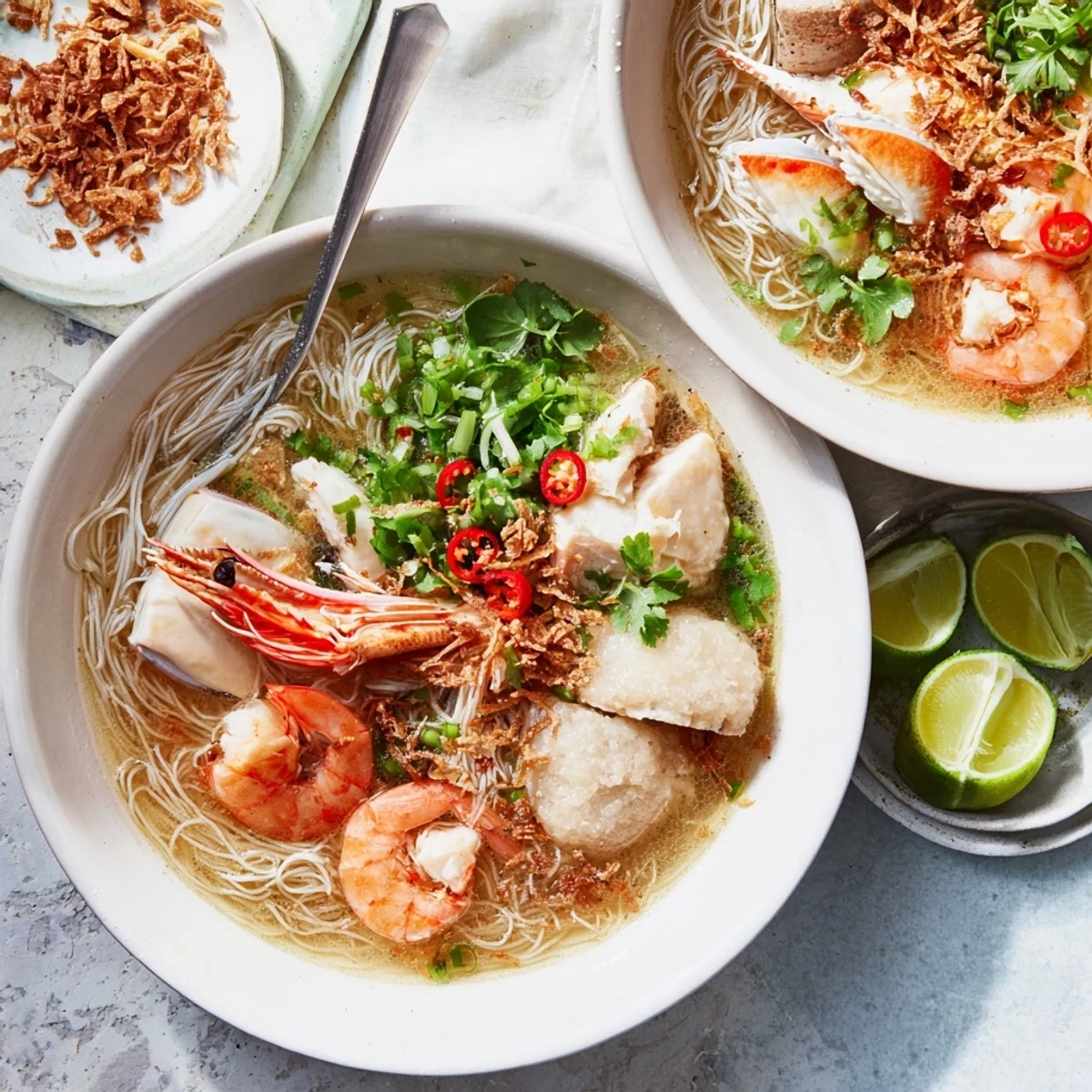 Steaming bowl of Banh Canh Cua with thick tapioca noodles and tender crab meat in aromatic golden broth