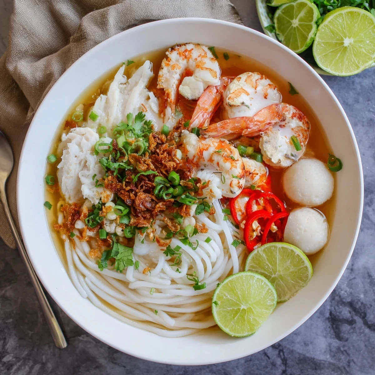 Garnished Vietnamese crab noodle soup topped with cilantro, fried shallots, and fresh lime wedges