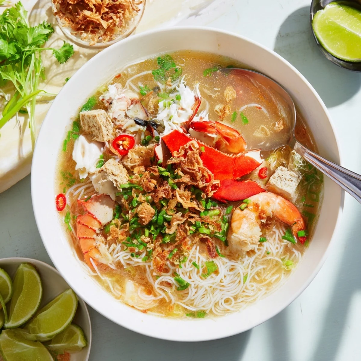 Close-up of Banh Canh Cua featuring chewy noodles, succulent crab, shrimp, and savory broth