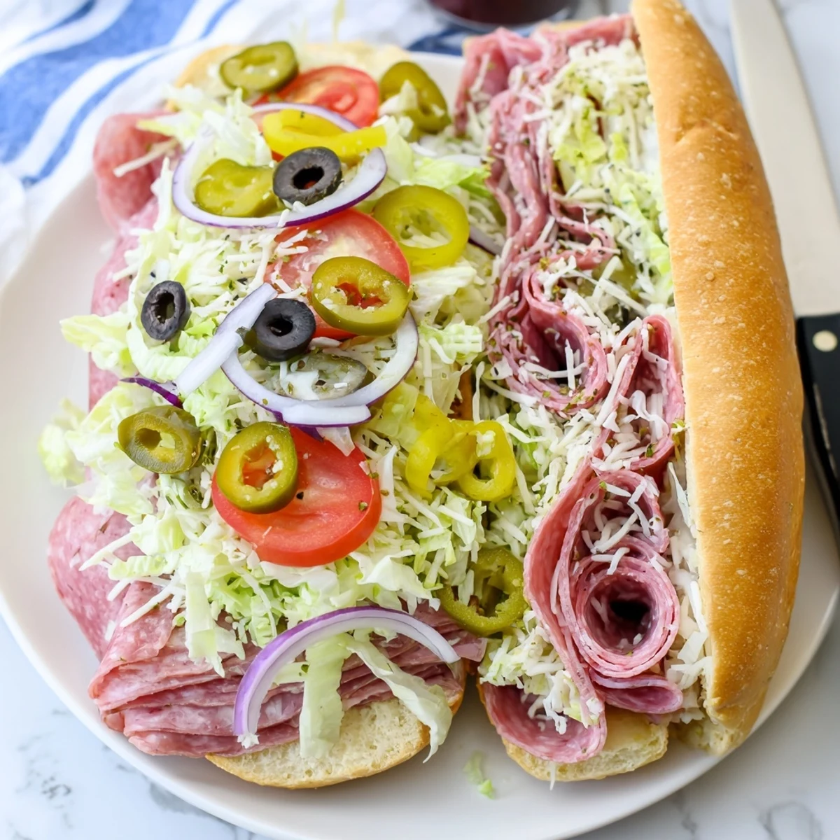 Hearty Italian grinder sandwich piled high with deli meats, provolone cheese, and tangy dressed salad