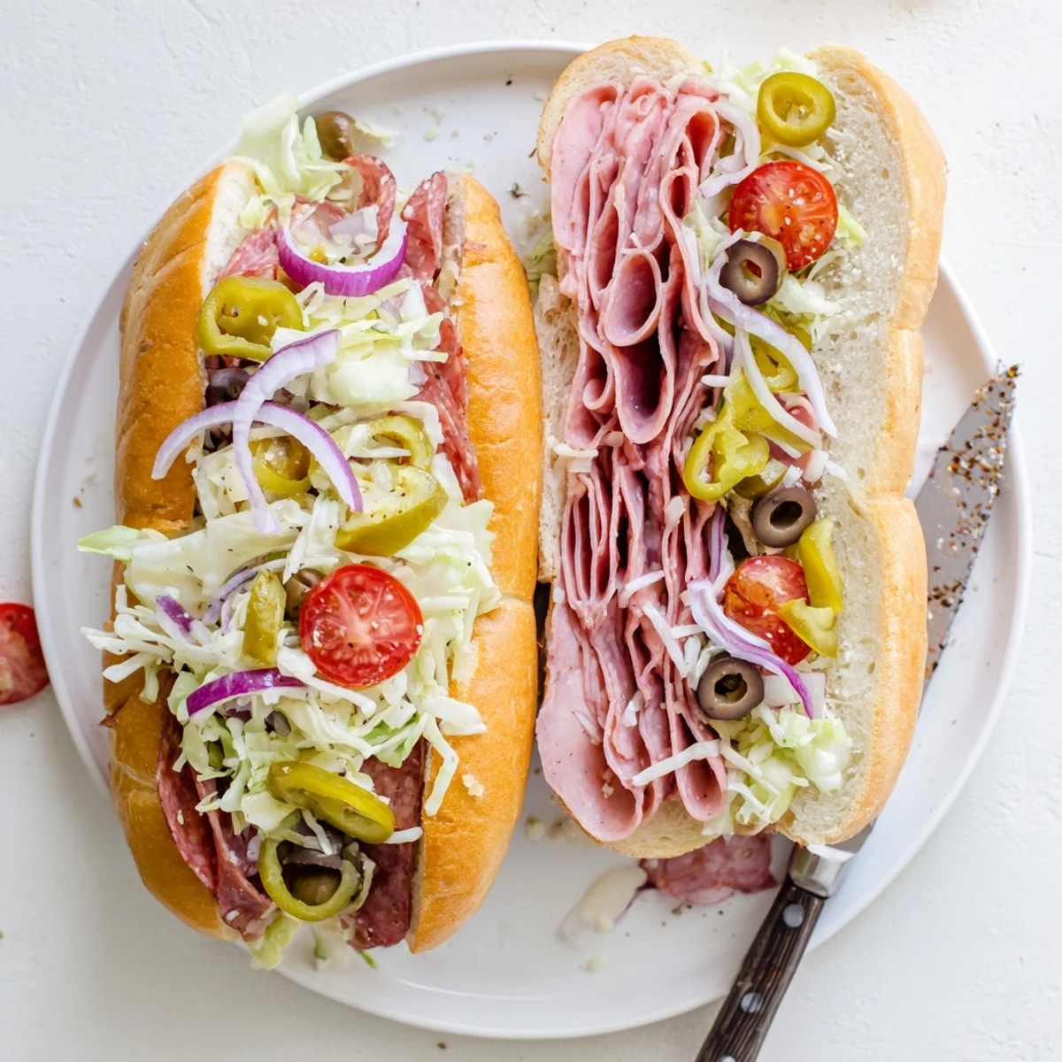 Cross-section of Italian grinder revealing layers of mortadella, capicola, and colorful vegetable medley