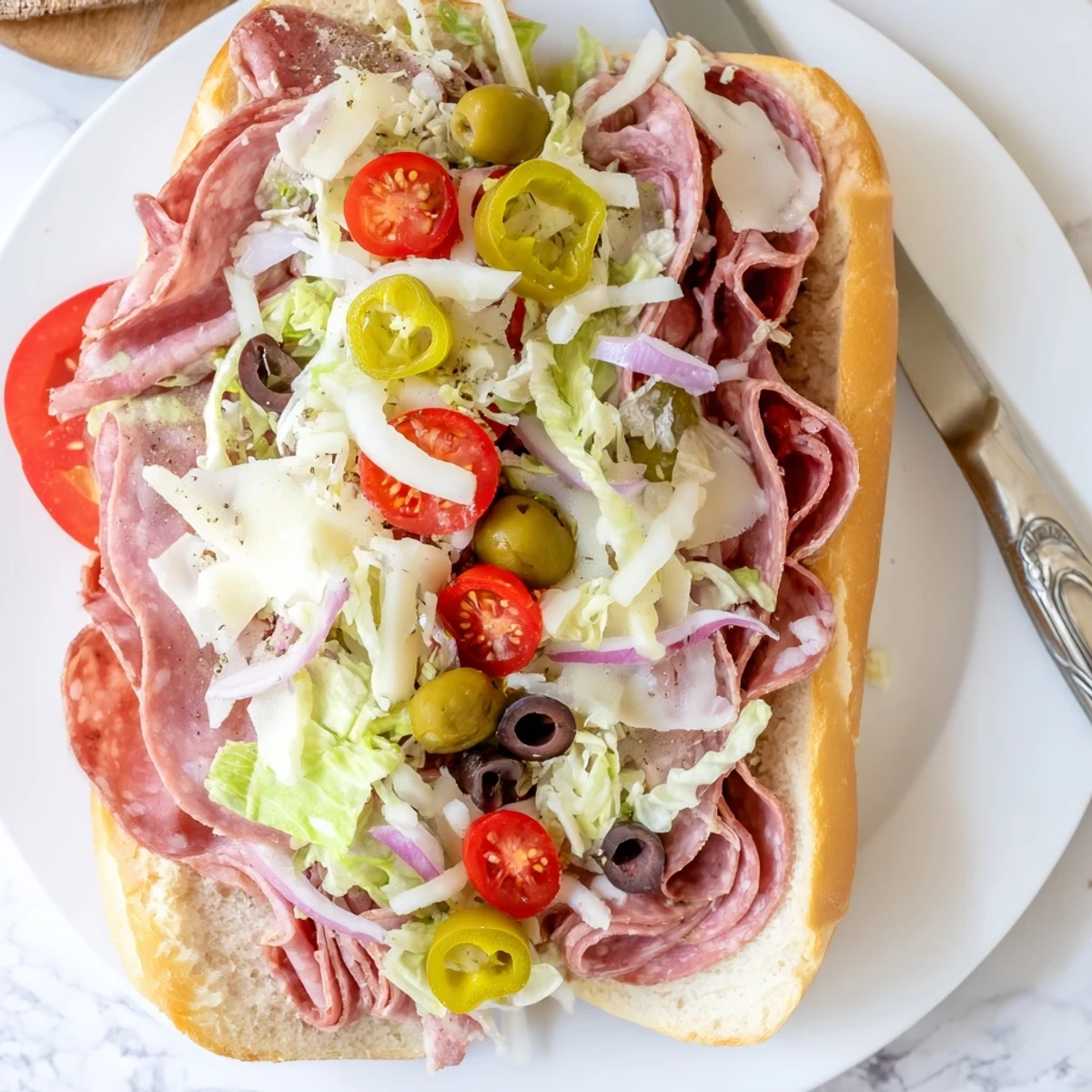 Crispy hoagie roll stacked with Genoa salami, ham, and crunchy lettuce salad topping