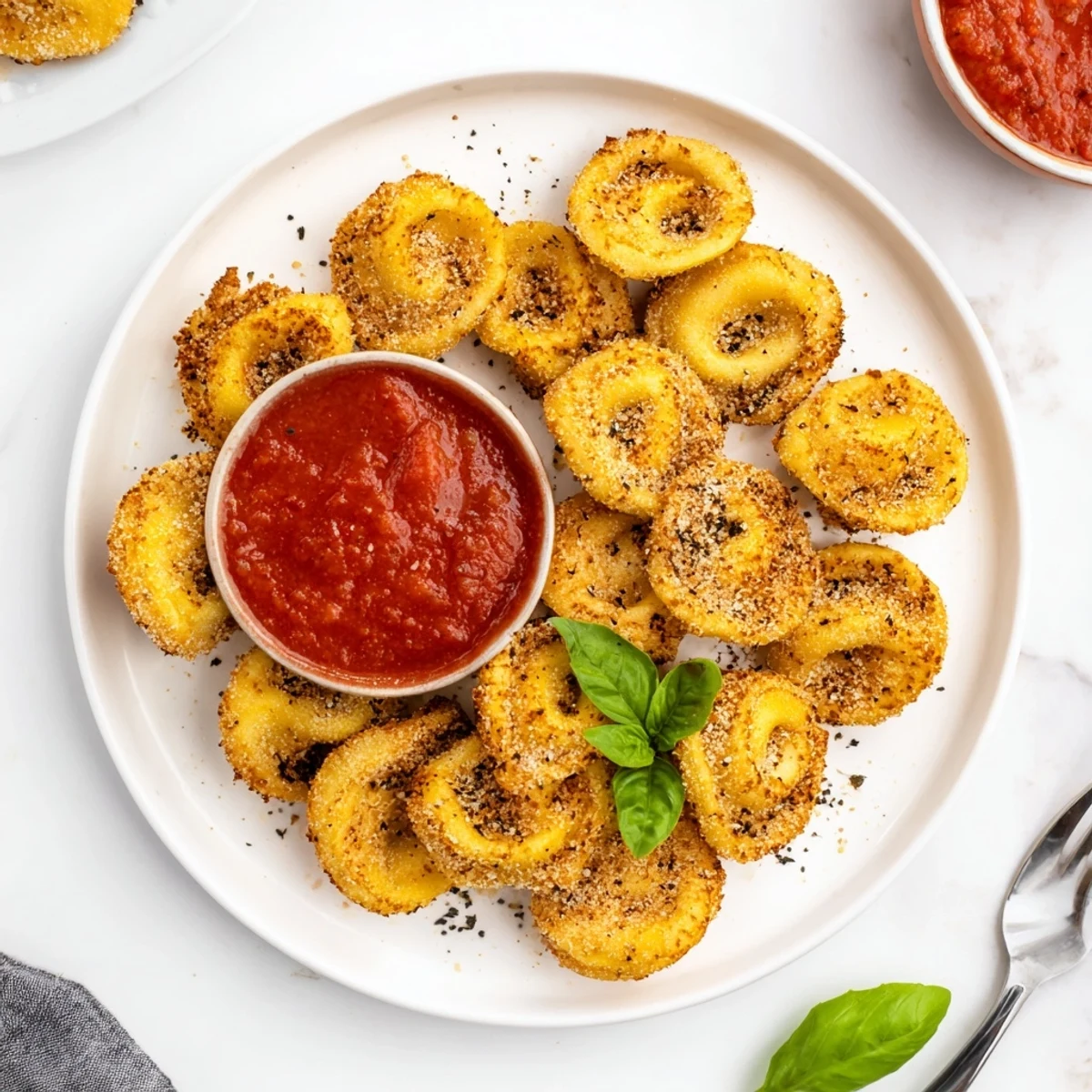 Golden brown air fryer tortellini with crispy breadcrumb coating served alongside warm marinara dipping sauce