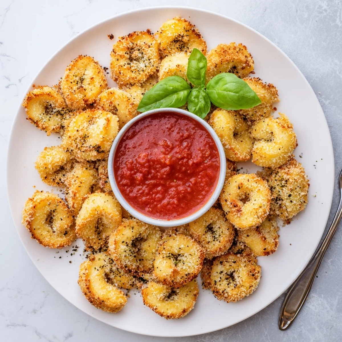 Bite-sized crispy air fryer tortellini arranged on white plate garnished with fresh basil leaves