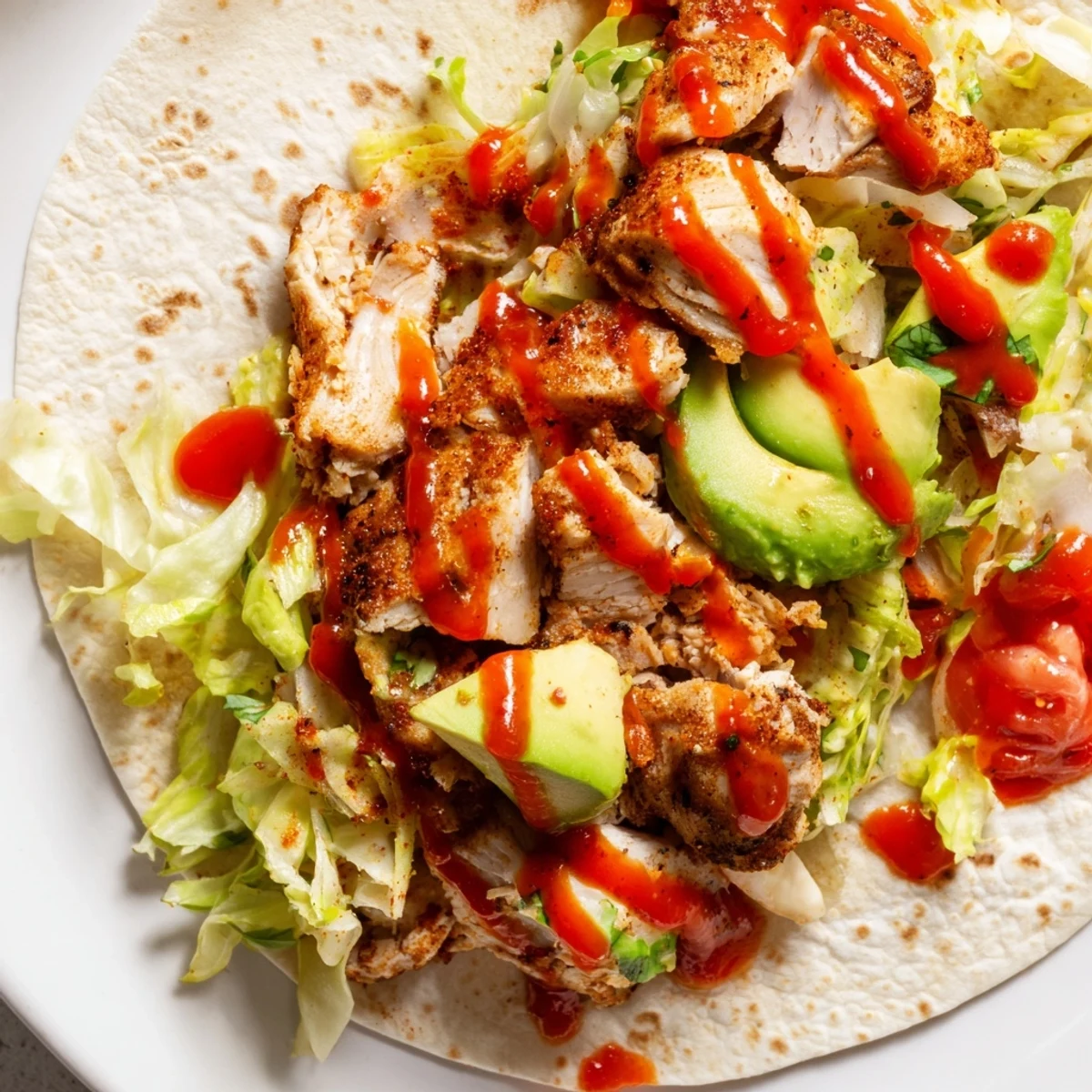 Golden brown sliced spicy chicken avocado wraps halved on a white serving platter
