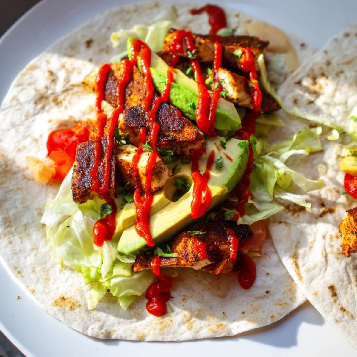 Close-up of spicy chicken avocado wraps with lettuce tomato and creamy sauce visible
