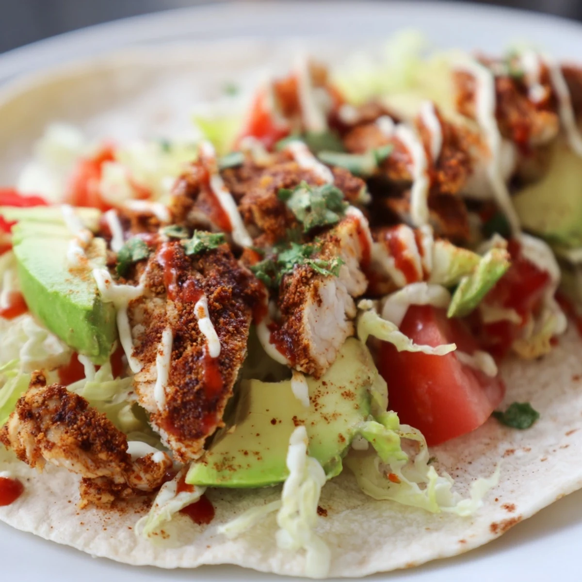 Flour tortilla wraps filled with tender spiced chicken and fresh green avocado slices