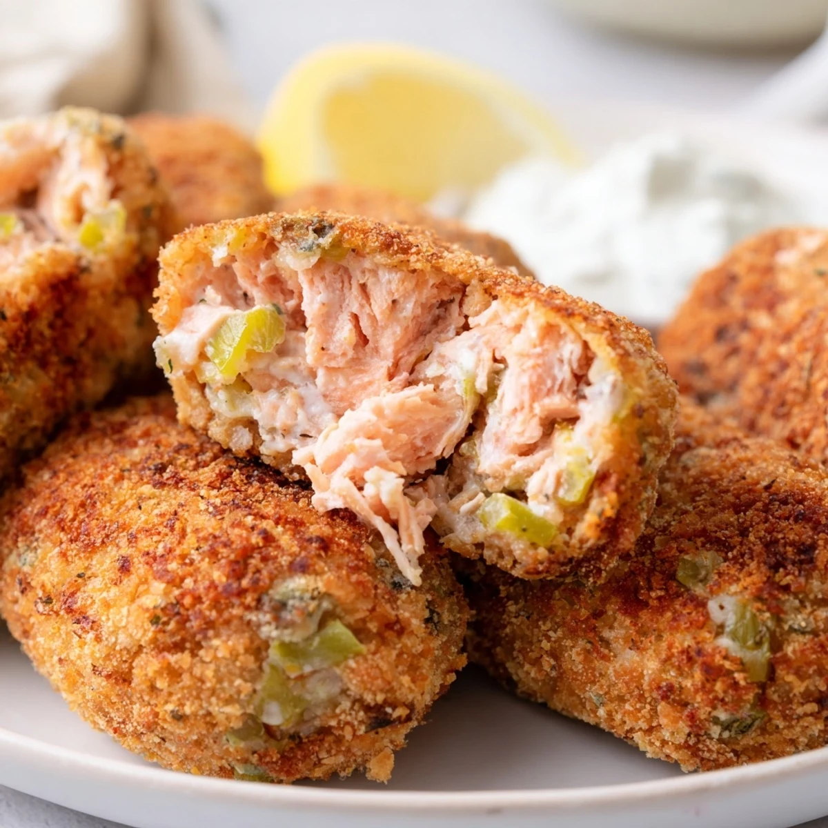 Golden brown Southern salmon croquettes with crispy exterior and tender flaky interior served on white plate
