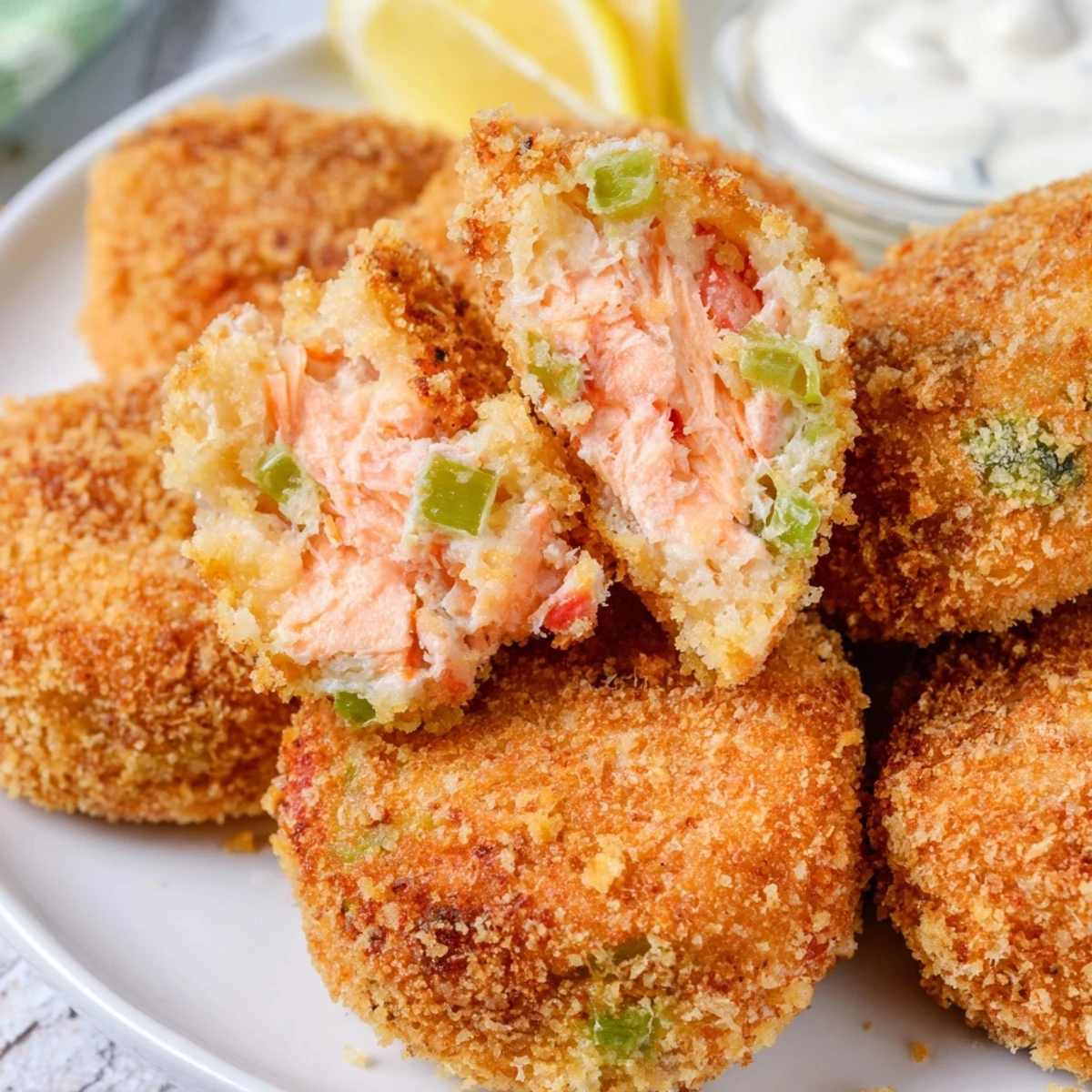 Pan-fried Southern salmon croquettes arranged on rustic wooden board with lemon wedges and fresh parsley garnish