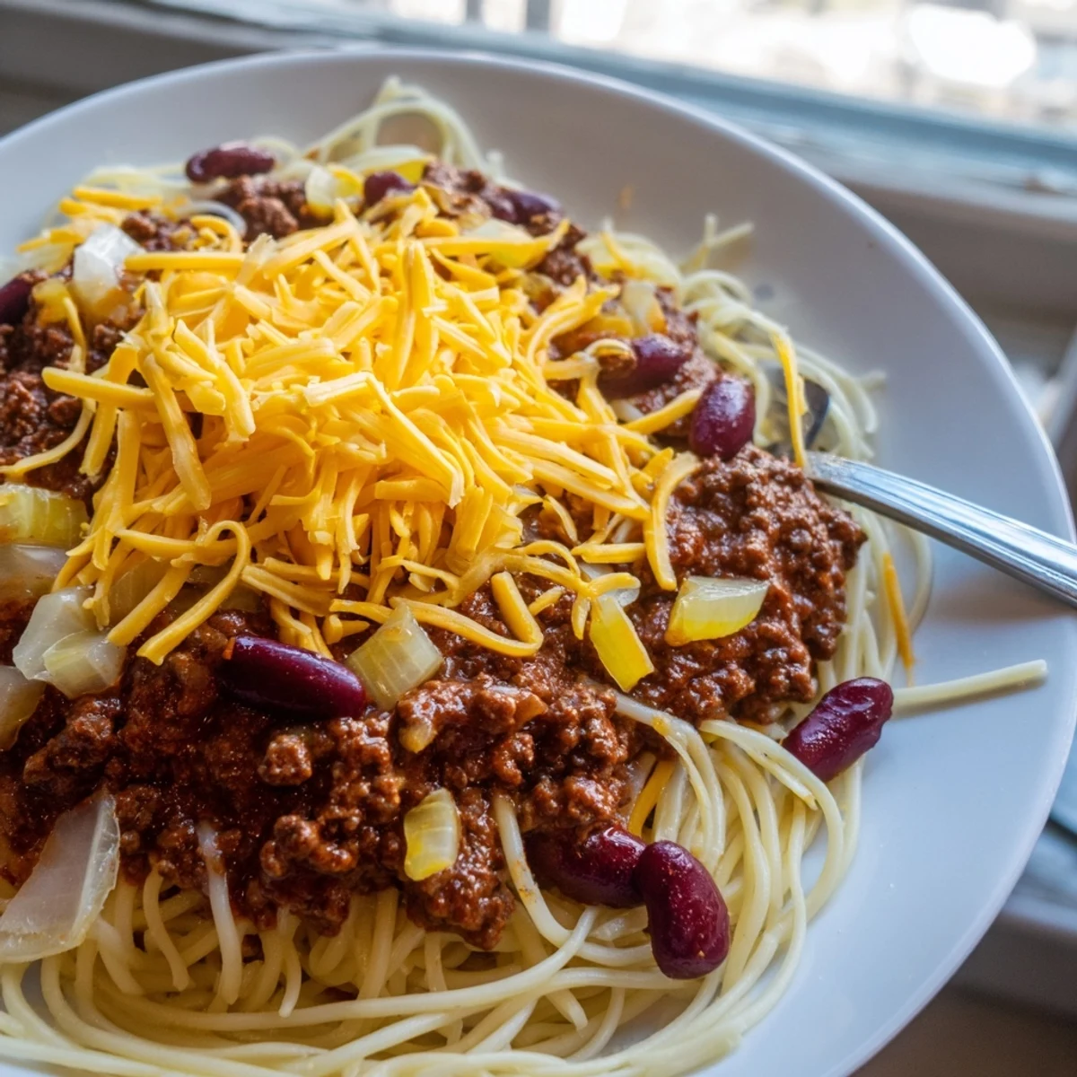 Steamy bowl of Cincinnati Chili layered over pasta with kidney beans and shredded cheese topping