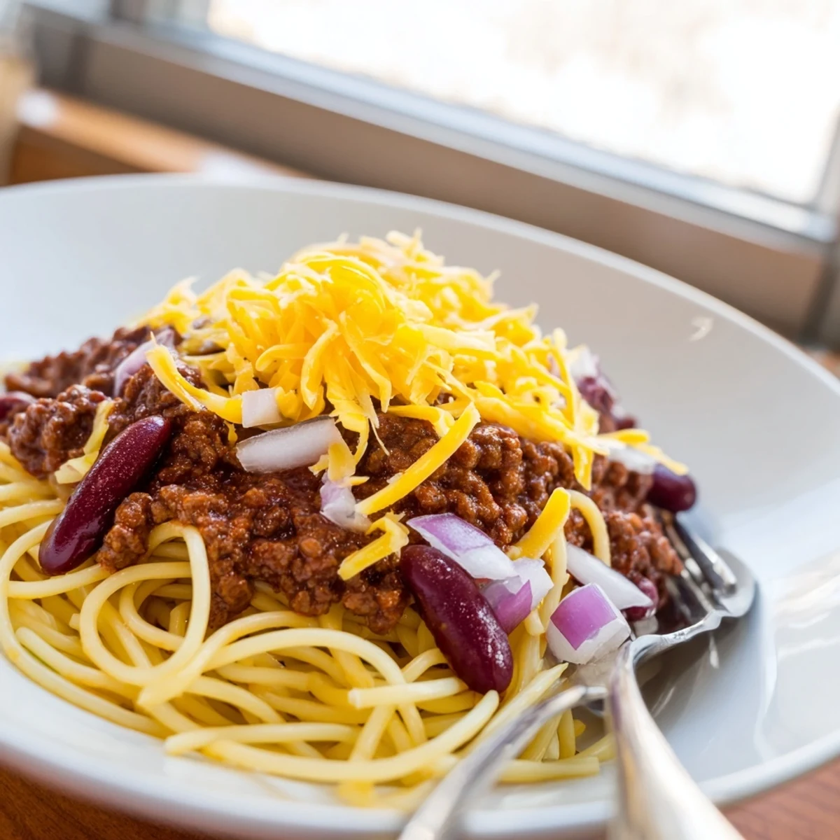 Hearty Cincinnati Chili meat sauce simmered with spices served over spaghetti and generously garnished