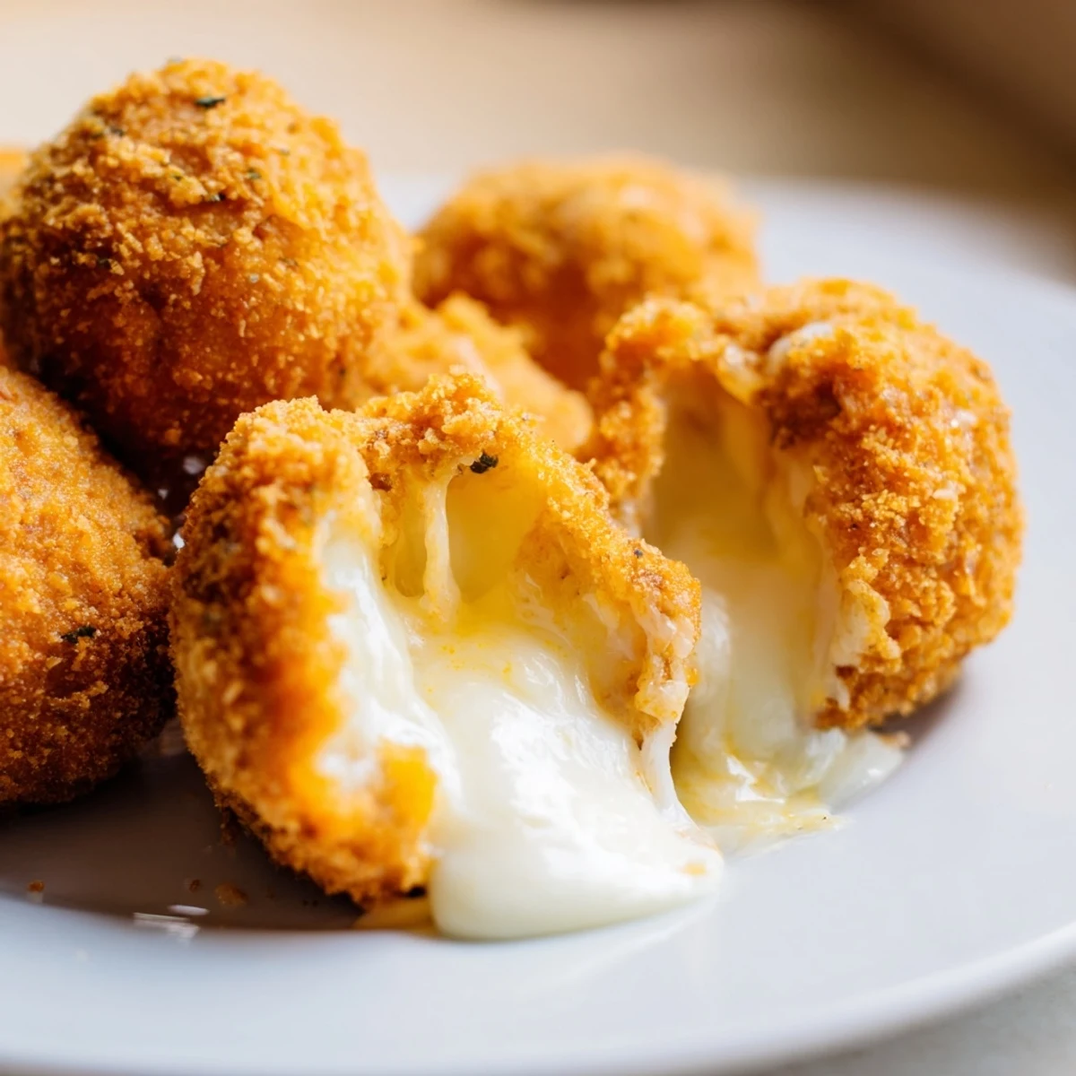 Golden fried mozzarella cheese balls with marinara sauce ready for dipping