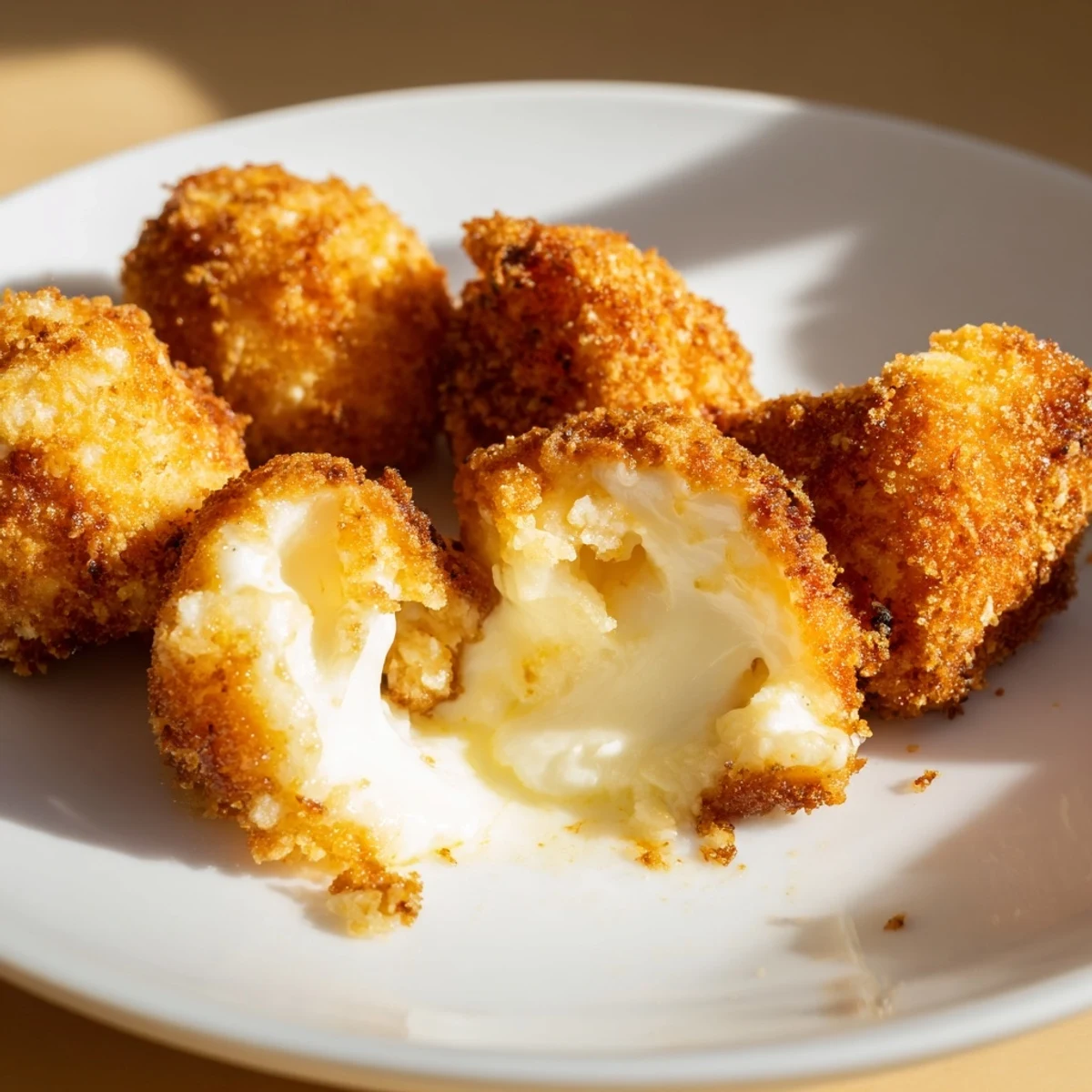 Crispy breadcrumb coated mozzarella cheese balls on a white serving platter