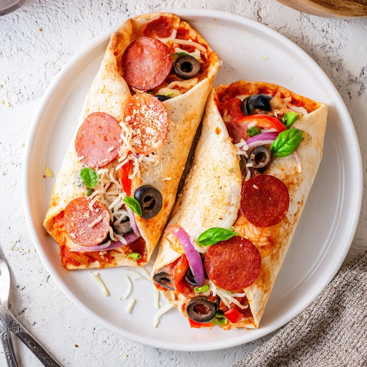 Crispy air fried pizza burritos filled with melted mozzarella and colorful vegetable toppings
