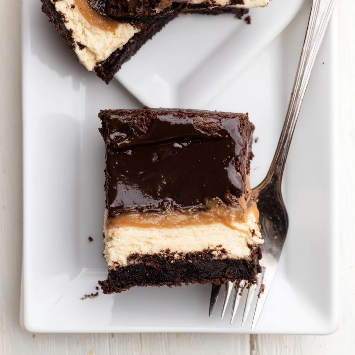 Slice of caramel brownie cheesecake bliss showing fudgy layers topped with golden caramel sauce