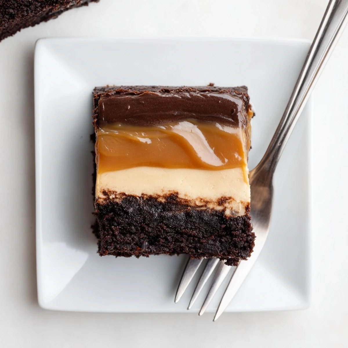 Indulgent caramel brownie cheesecake bliss bar displaying rich chocolate and creamy cheesecake strata