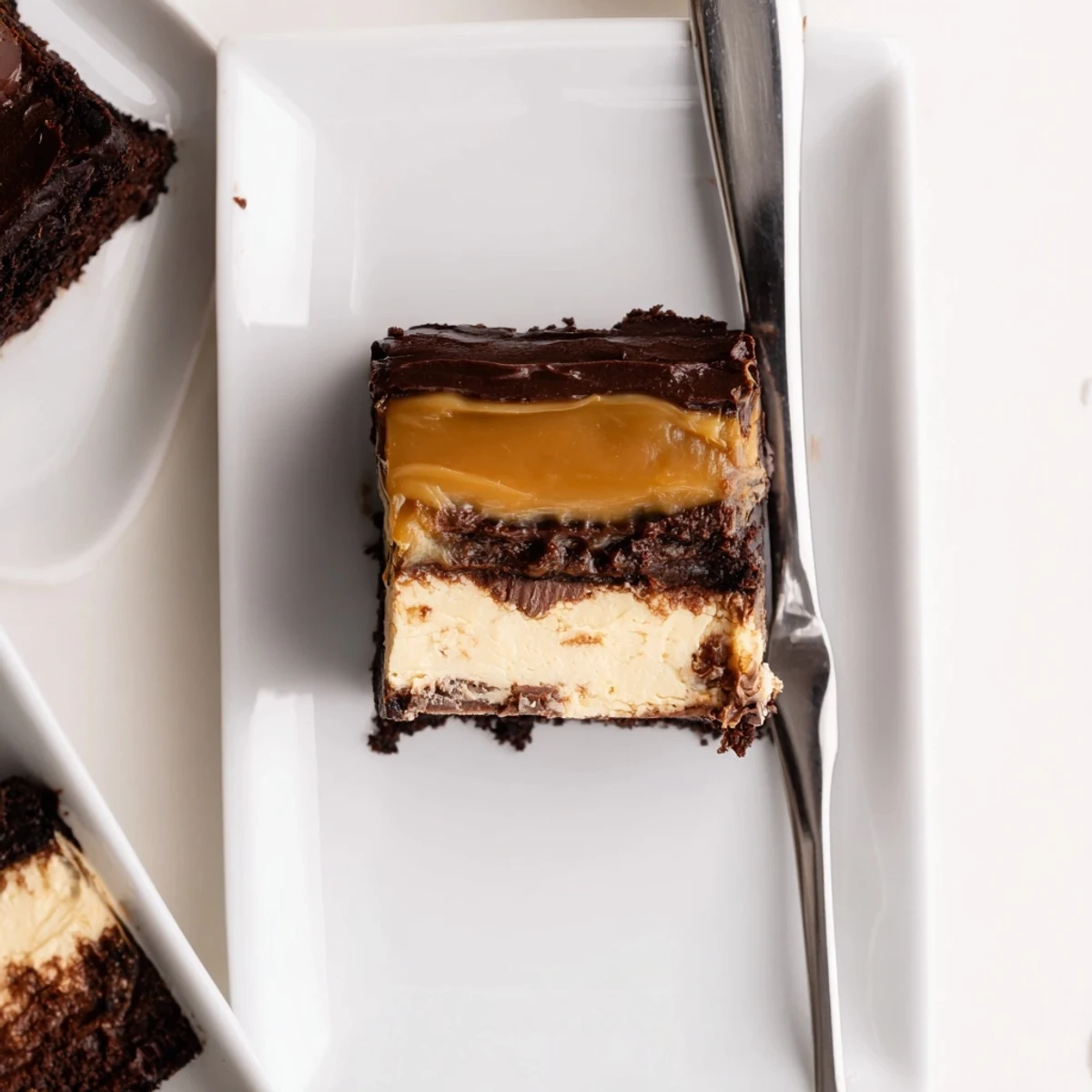 Square pan of caramel brownie cheesecake bliss with swirled layers and glossy caramel topping
