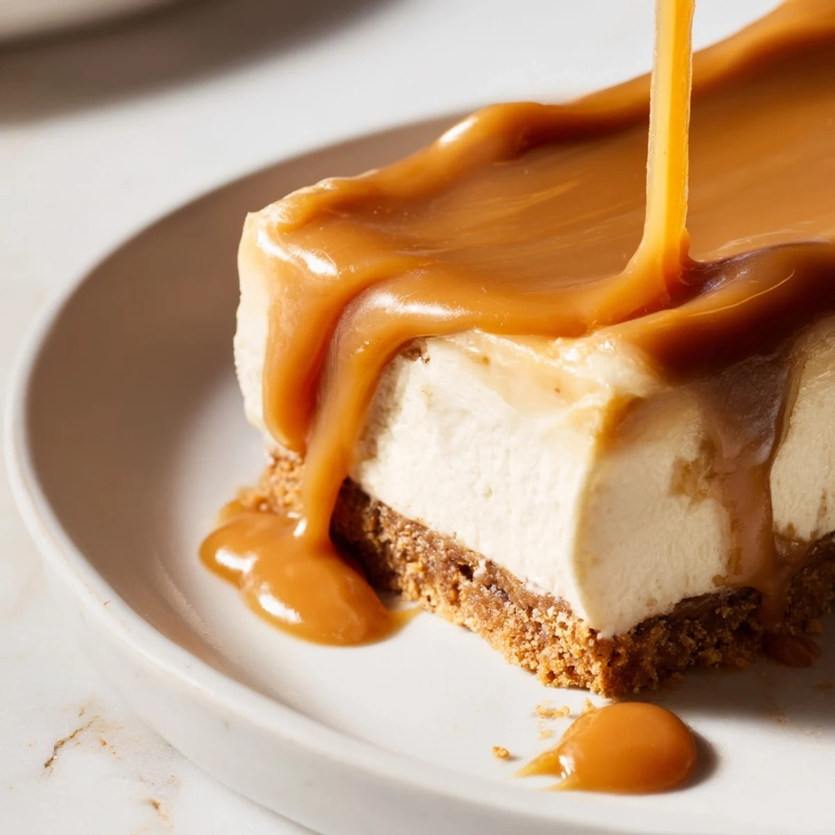 Golden caramel dripping over creamy cheesecake bars with graham cracker crust