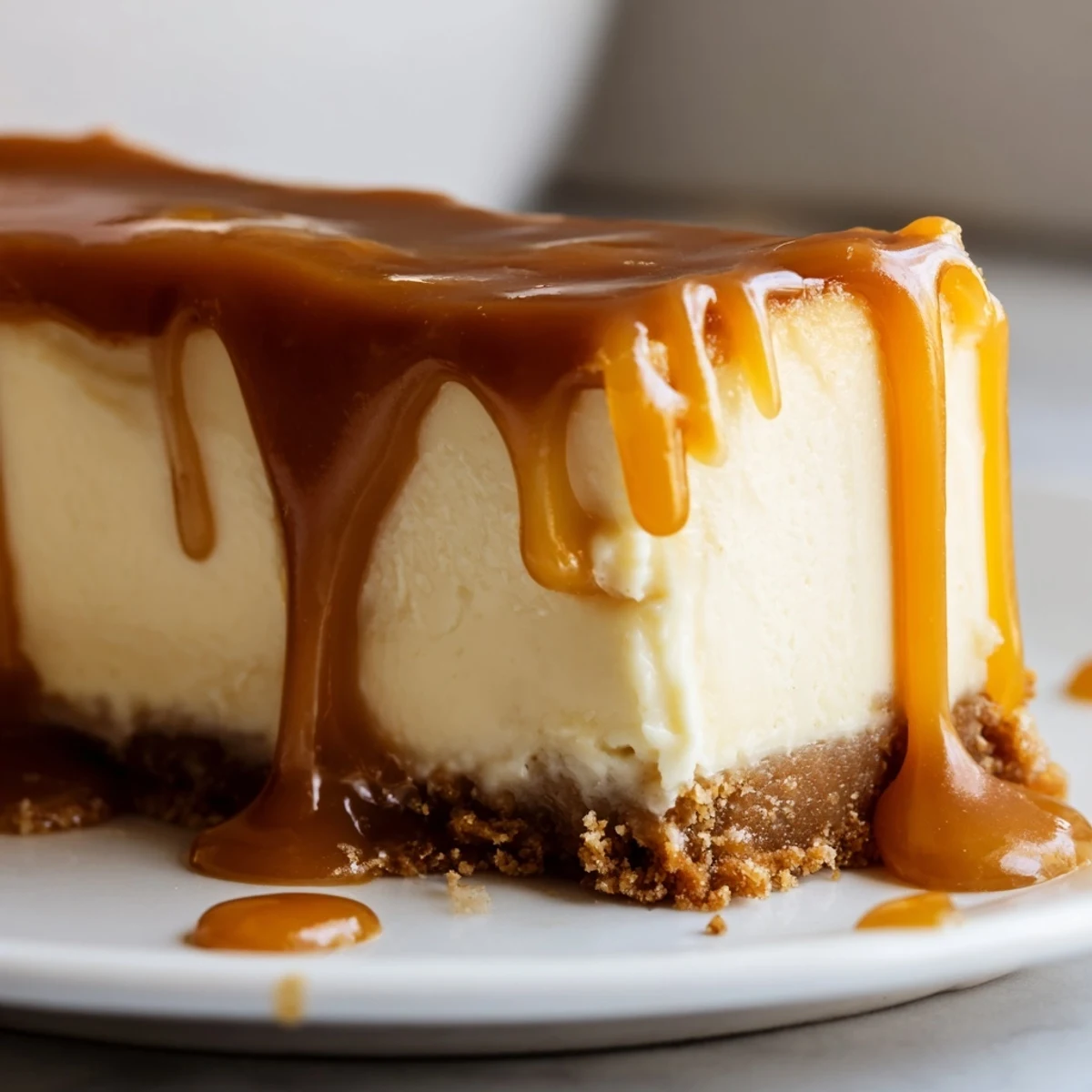 Homemade caramel sauce topping velvety cheesecake squares on buttery graham base