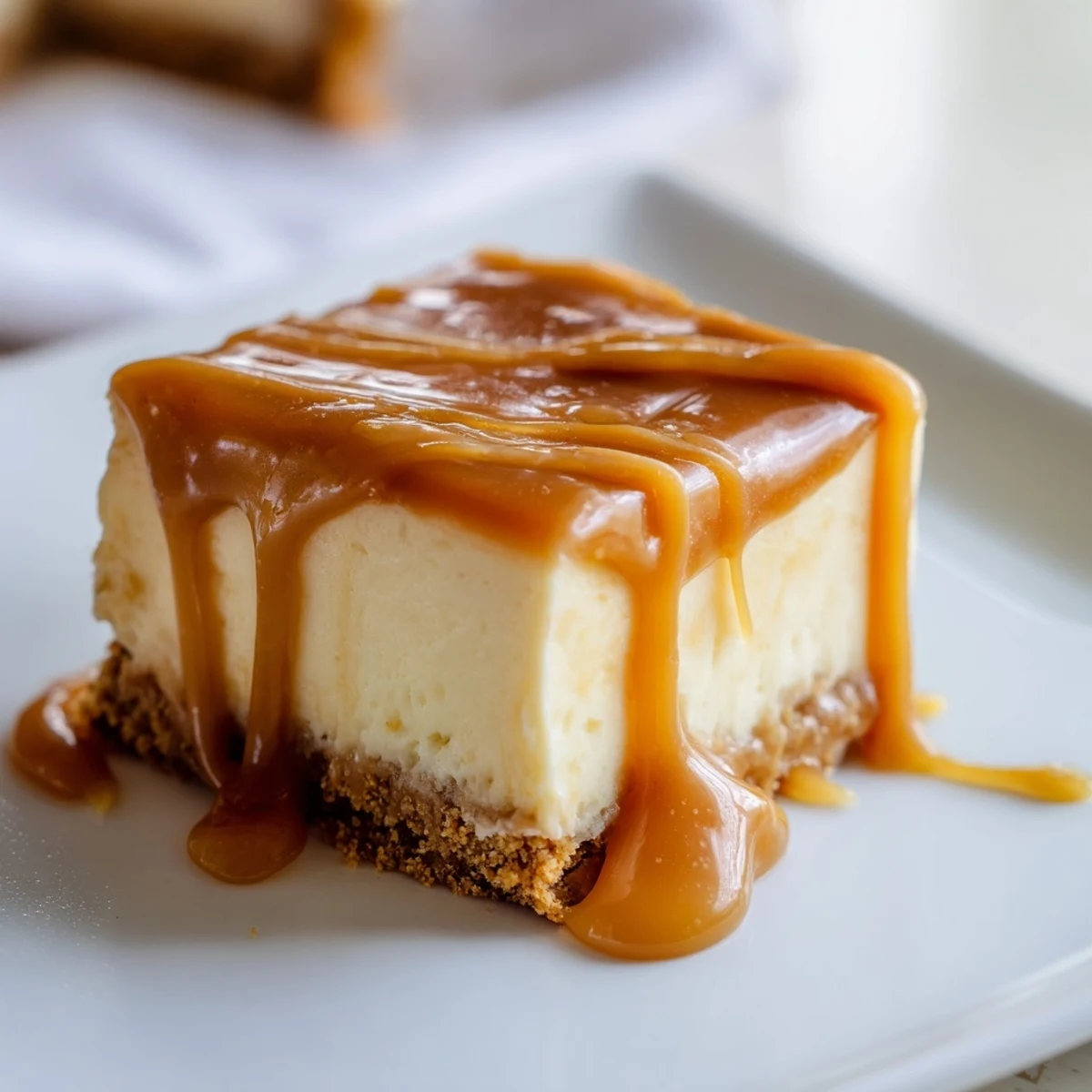 Rich caramel cheesecake bars sliced on white plate with fork nearby