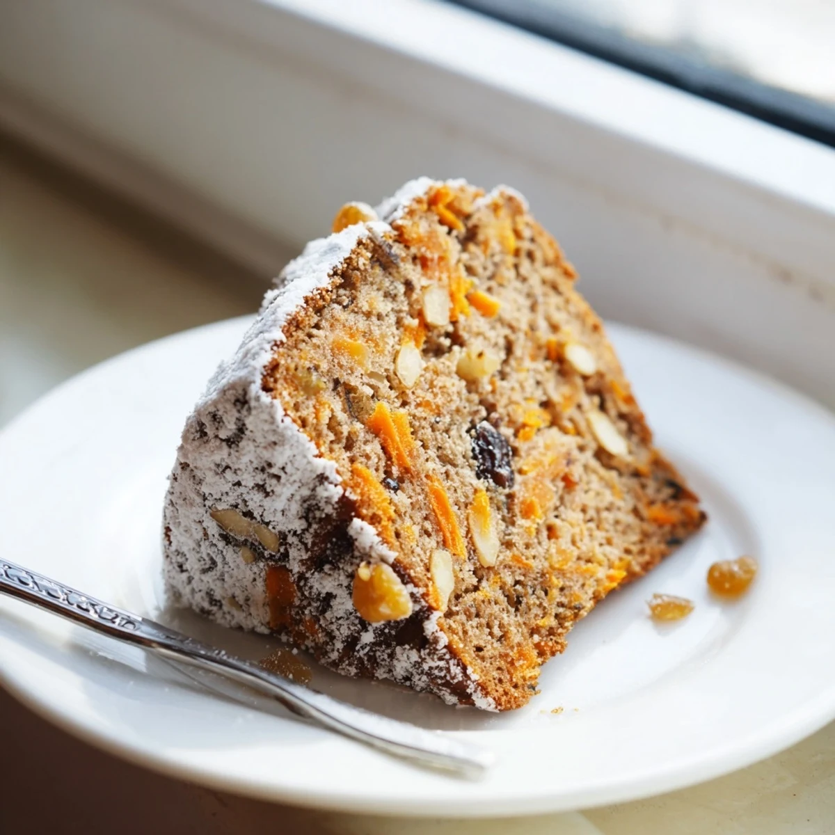 Moist Greek yogurt carrot cake with grated carrots and warm cinnamon spices in a square baking pan