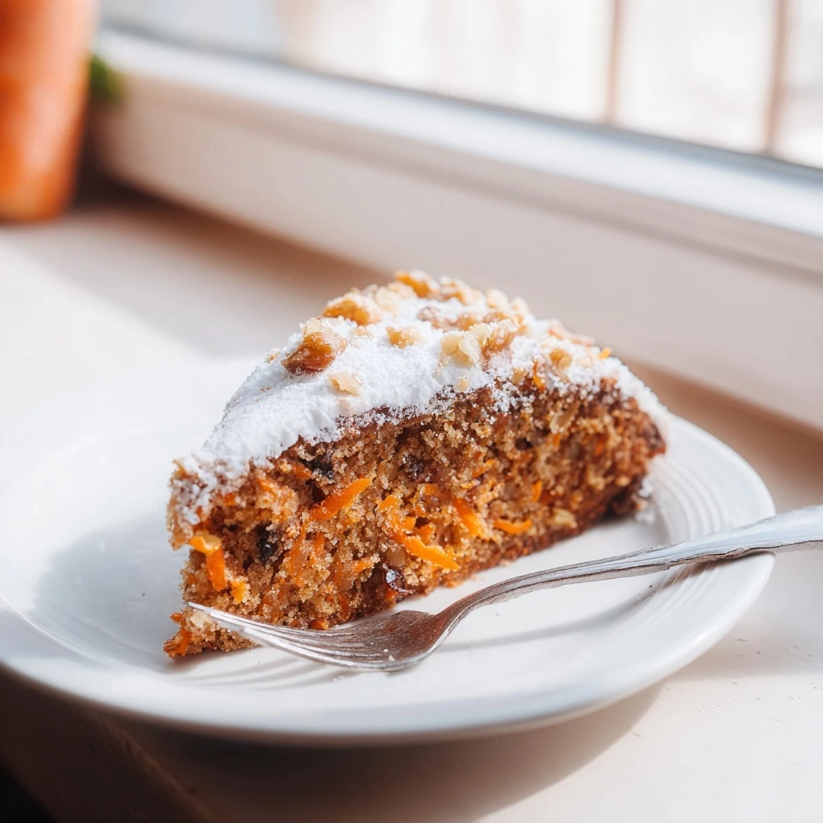 Slice of healthy Greek yogurt carrot cake topped with powdered sugar on a white serving plate