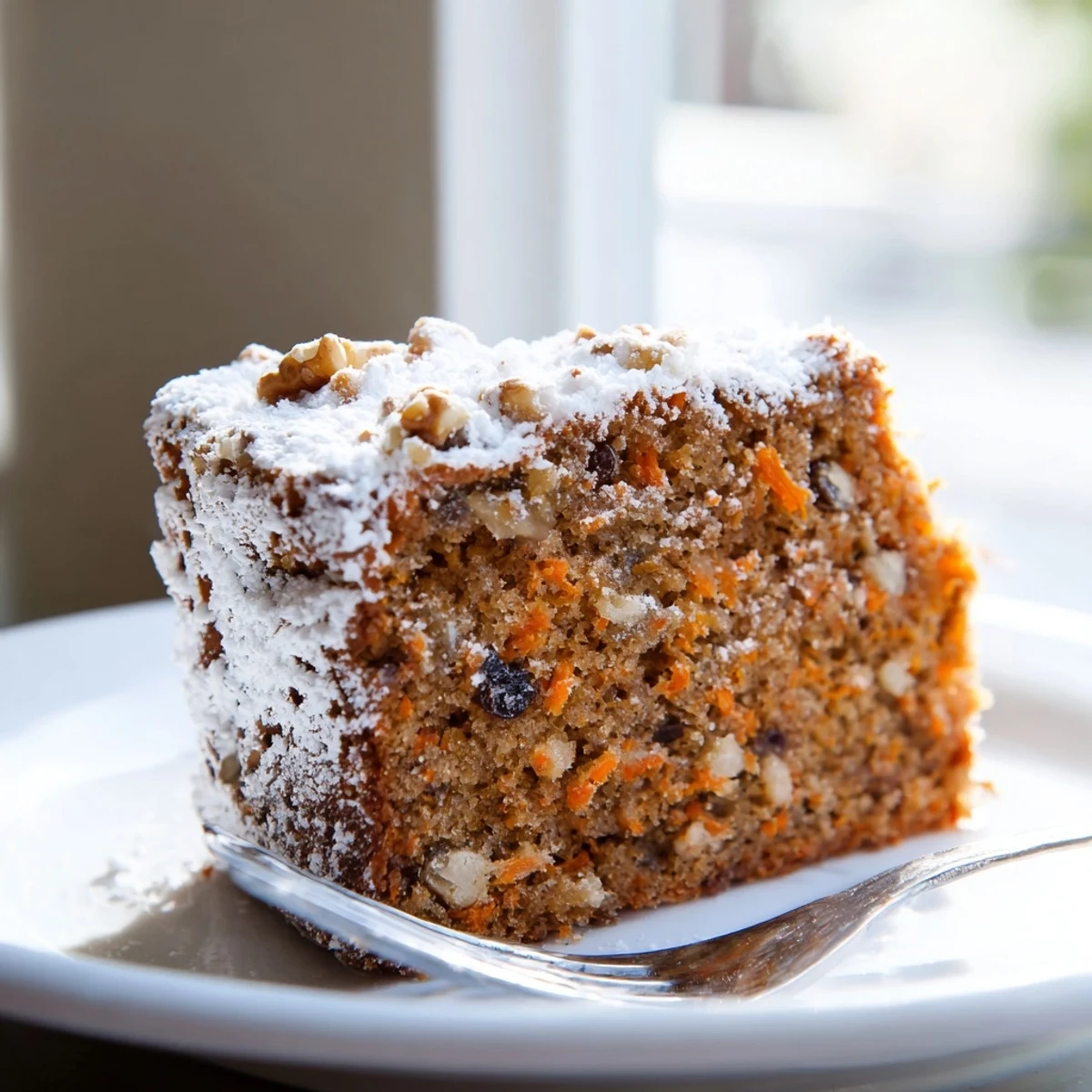 Whisking Greek yogurt carrot cake batter in a single mixing bowl with orange carrots and walnuts