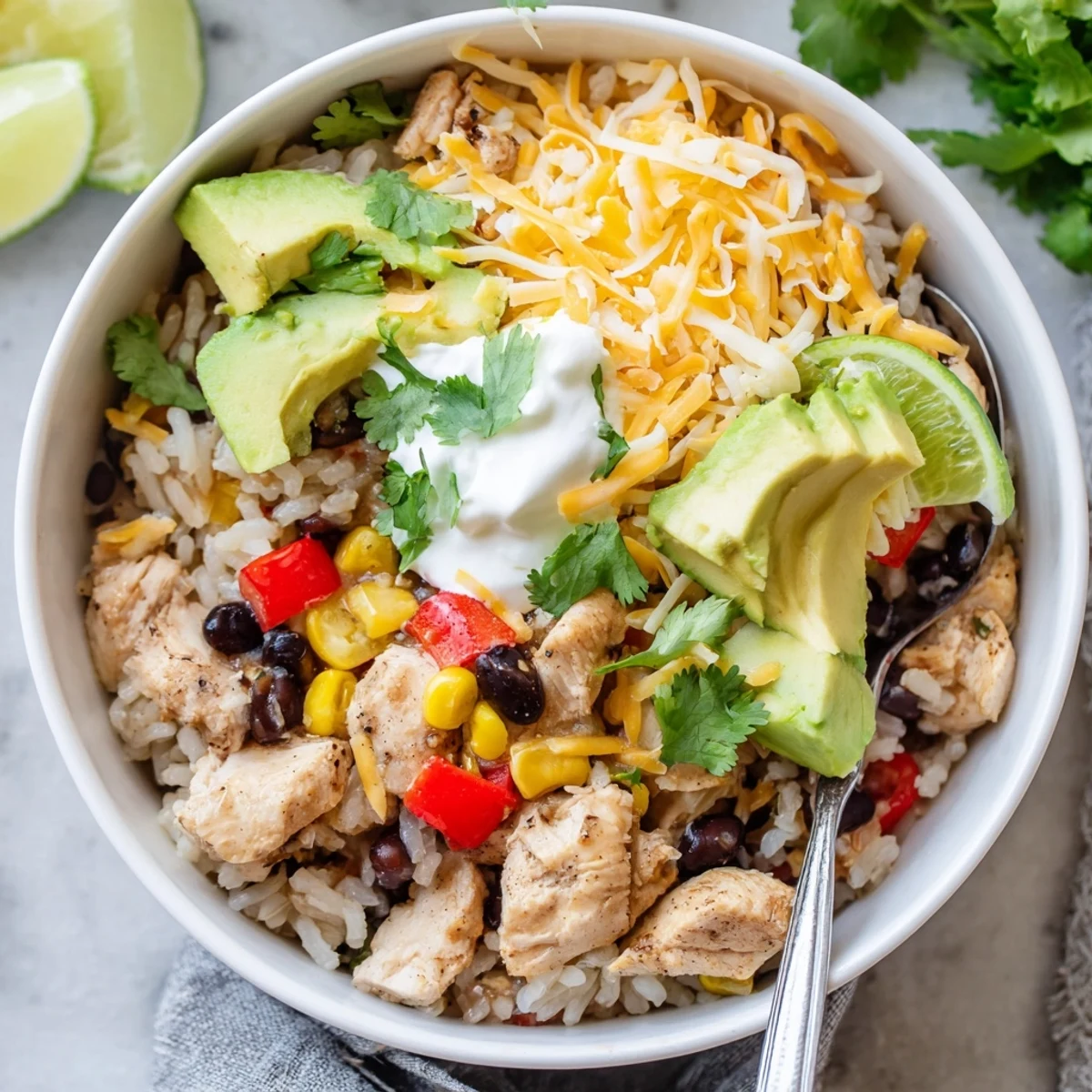 Vibrant one-pot meal featuring seasoned chicken breast, colorful peppers, and beans garnished with lime and sour cream