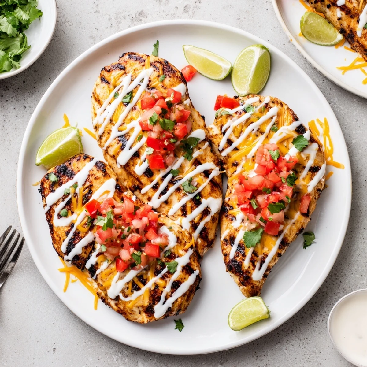 Grilled Fiesta Lime Chicken topped with melted cheese, drizzled with tangy white sauce and fresh pico