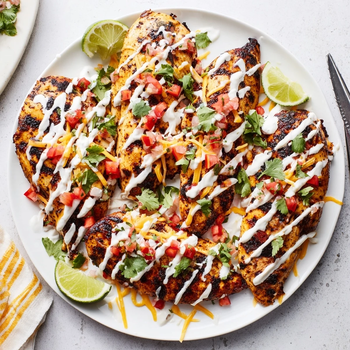 Zesty Fiesta Lime Chicken breast sizzling on the grill with char marks and lime wedges nearby