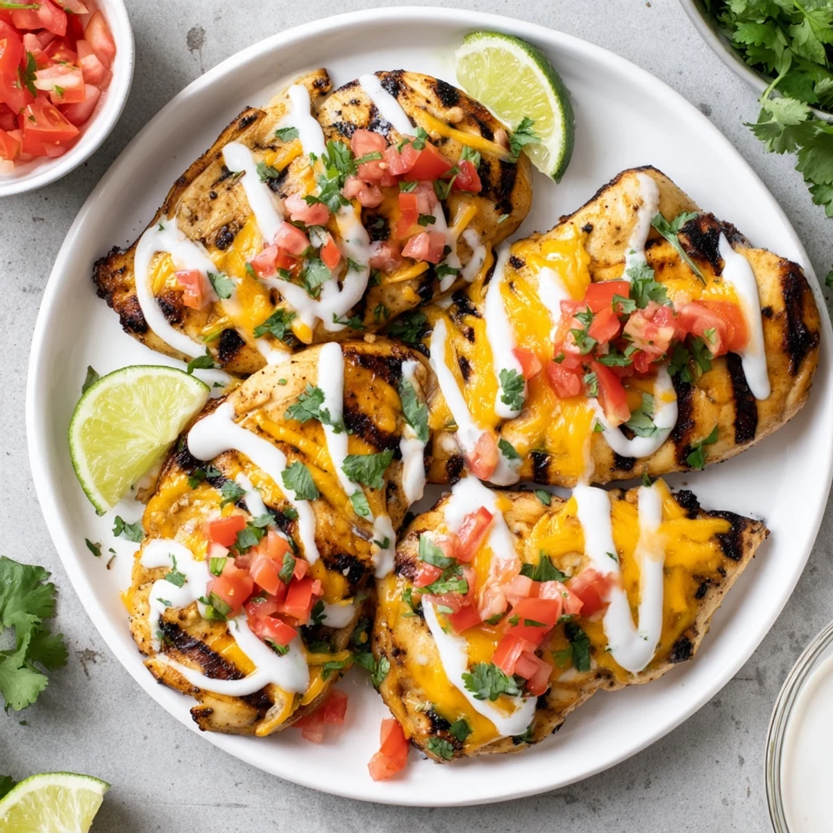 Southwestern Fiesta Lime Chicken plated with creamy fiesta sauce, cilantro garnish, and bright lime accents