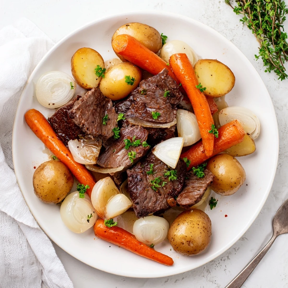 Slow cooker steak and potatoes featuring tender seared beef nestled with buttery baby potatoes in rich broth
