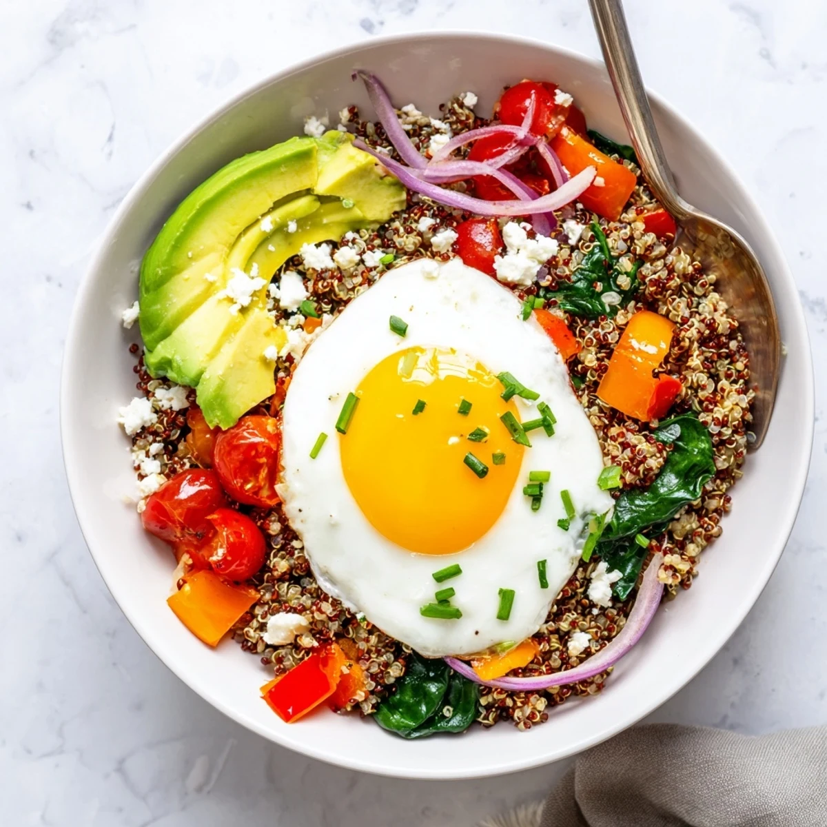 Wholesome savory quinoa breakfast bowl topped with perfectly cooked egg and fresh garnishes