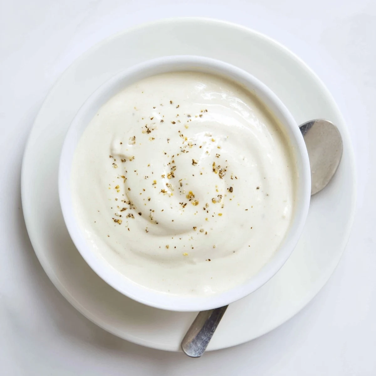 Bowl of smooth garlicky white sauce topped with cumin and olive oil for dipping