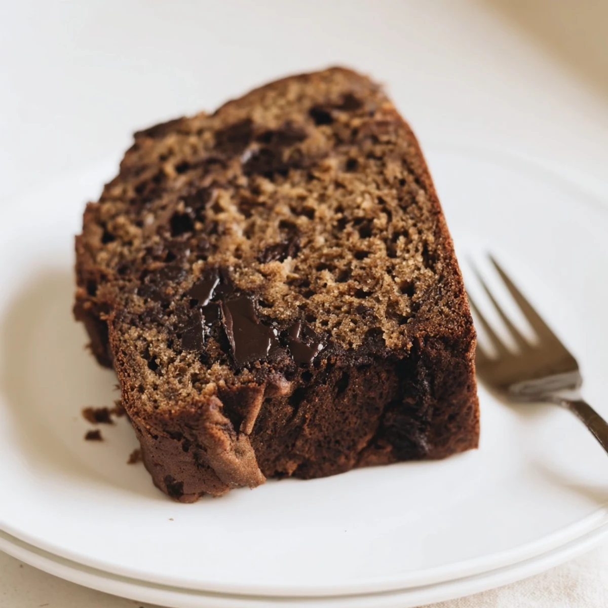 Moist banana bread loaf studded with dark chocolate and brewed espresso flavors