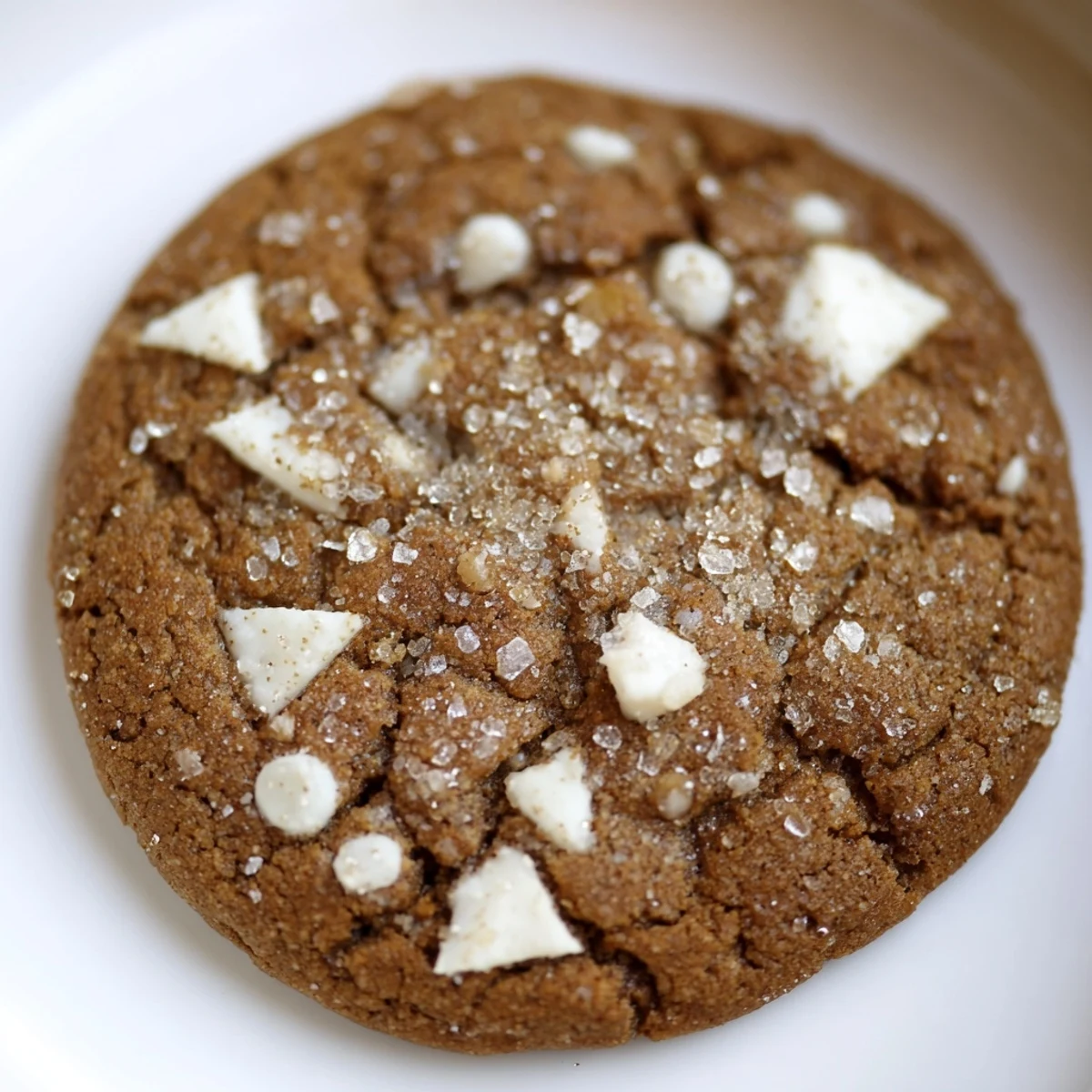 Soft bakery-style gingerbread white chocolate cookies with melted chips and crisp sugar-coated edges