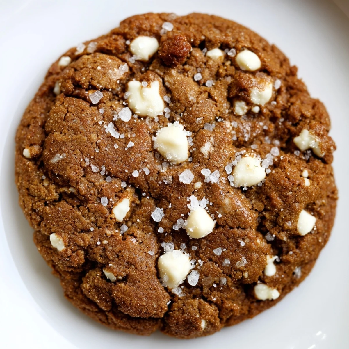Warm spiced gingerbread cookies topped with creamy white chocolate chunks on a wooden board