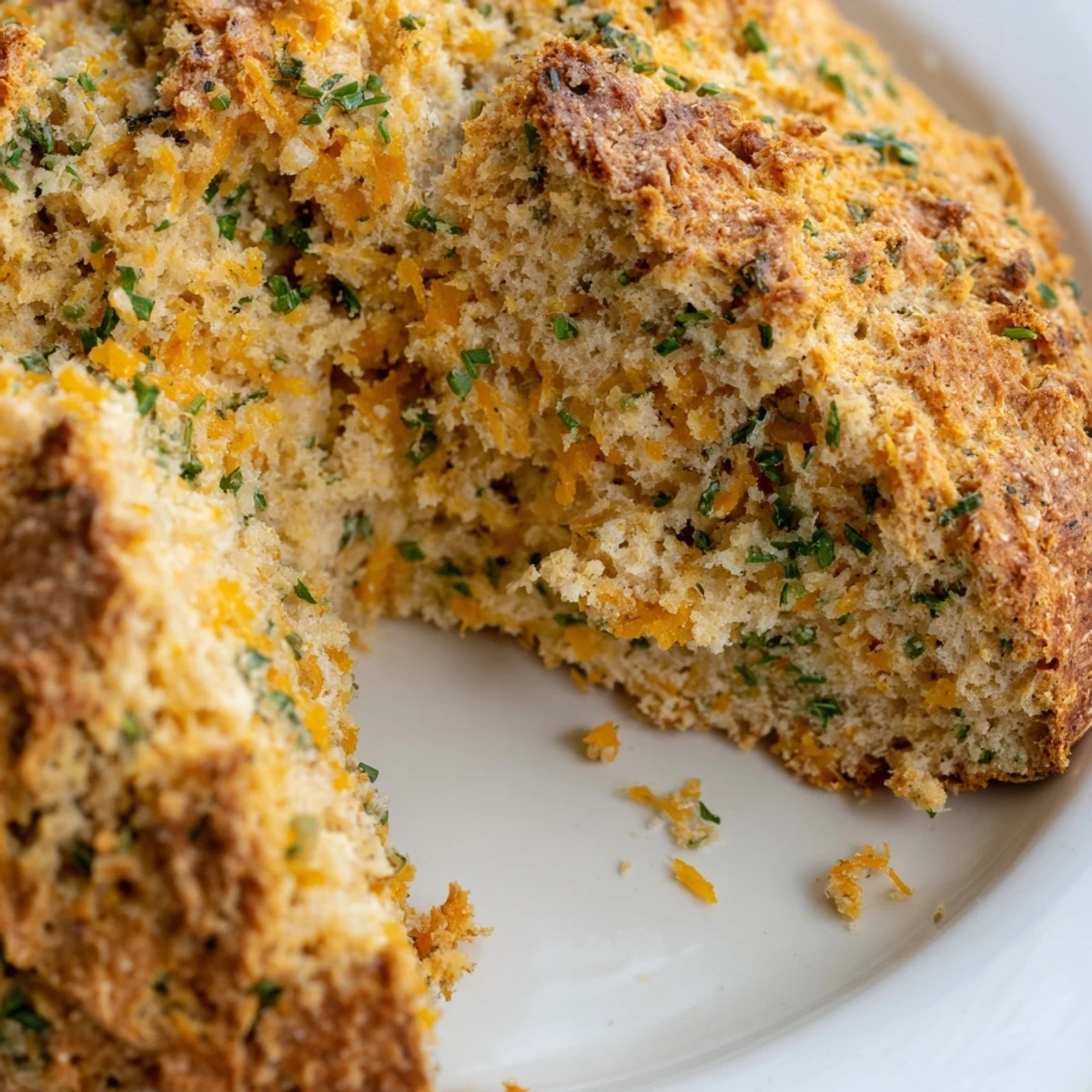 Golden brown cheddar and herb soda bread loaf with a deep cross cut on top