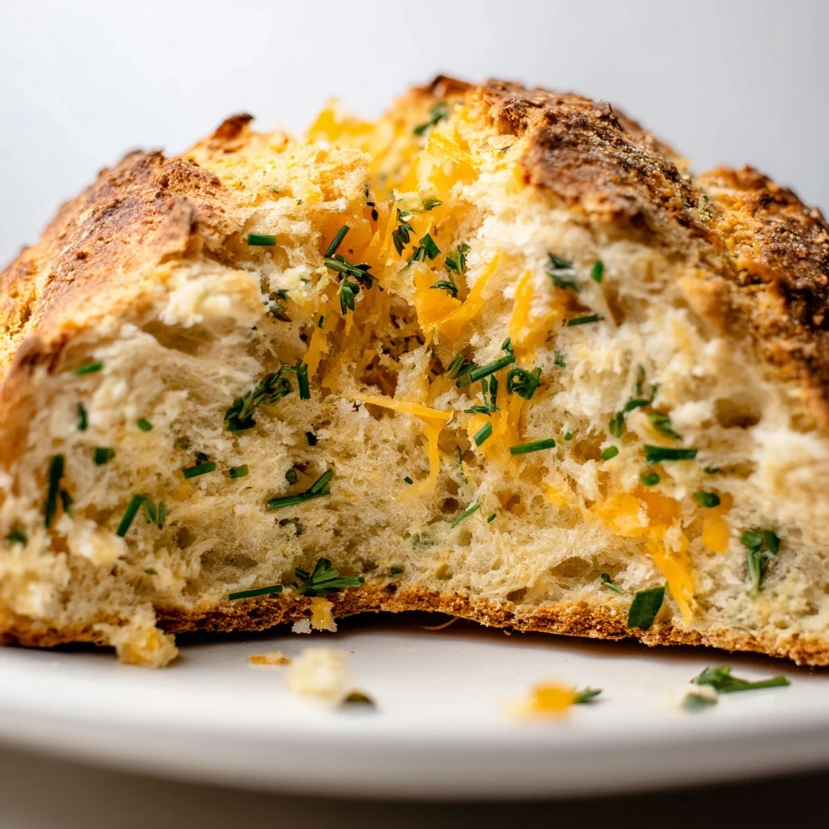 Warm homemade cheddar and herb soda bread brushed with melted butter on a wooden board