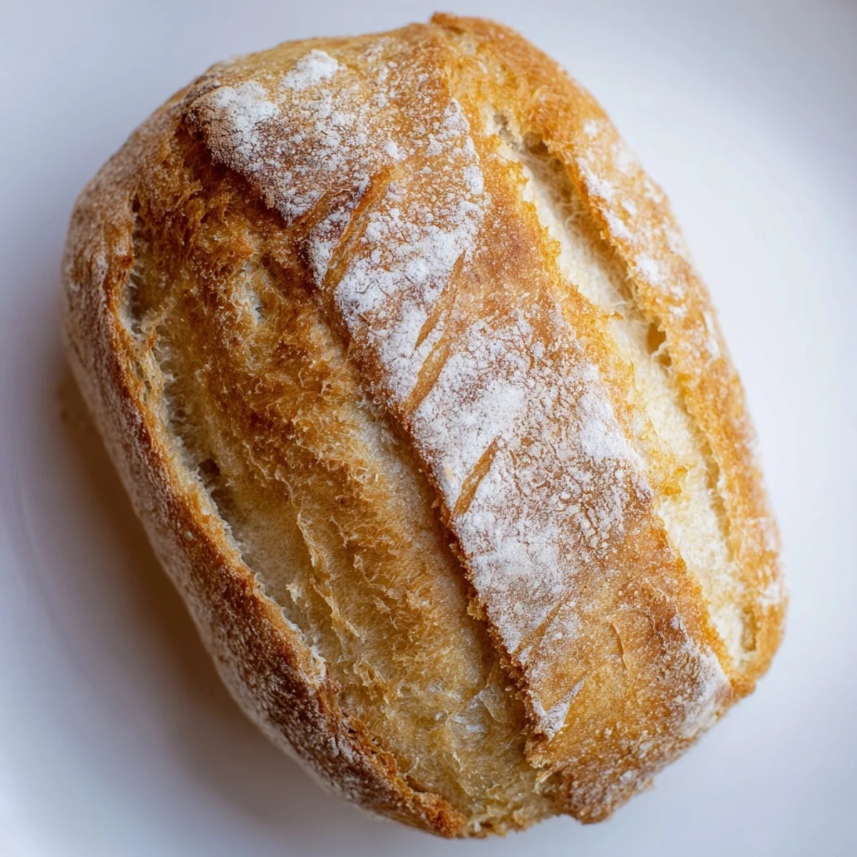Golden brown crusty French bread rolls with flour-dusted tops and decorative slash marks