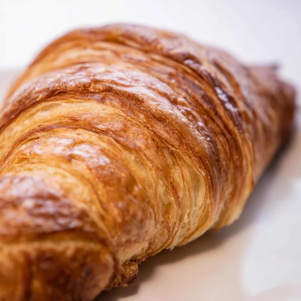 Freshly baked homemade croissant bread brushed with egg wash showcasing classic French layers