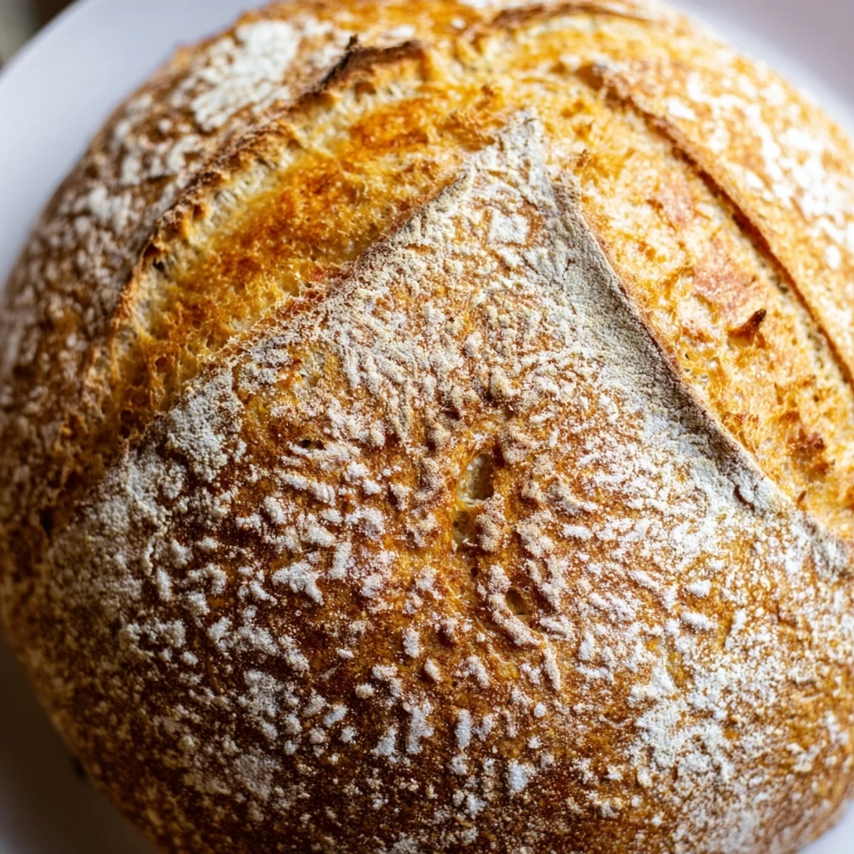 Rustic homemade sourdough loaf baked to perfection with deep caramelized crust and open crumb structure