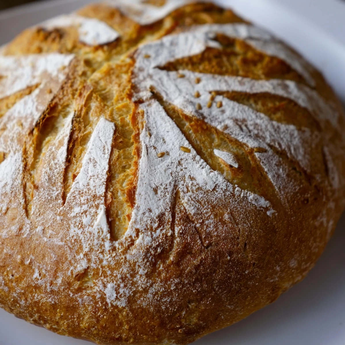 Golden brown sourdough bread with crackly crust and airy chewy interior sliced on wooden board