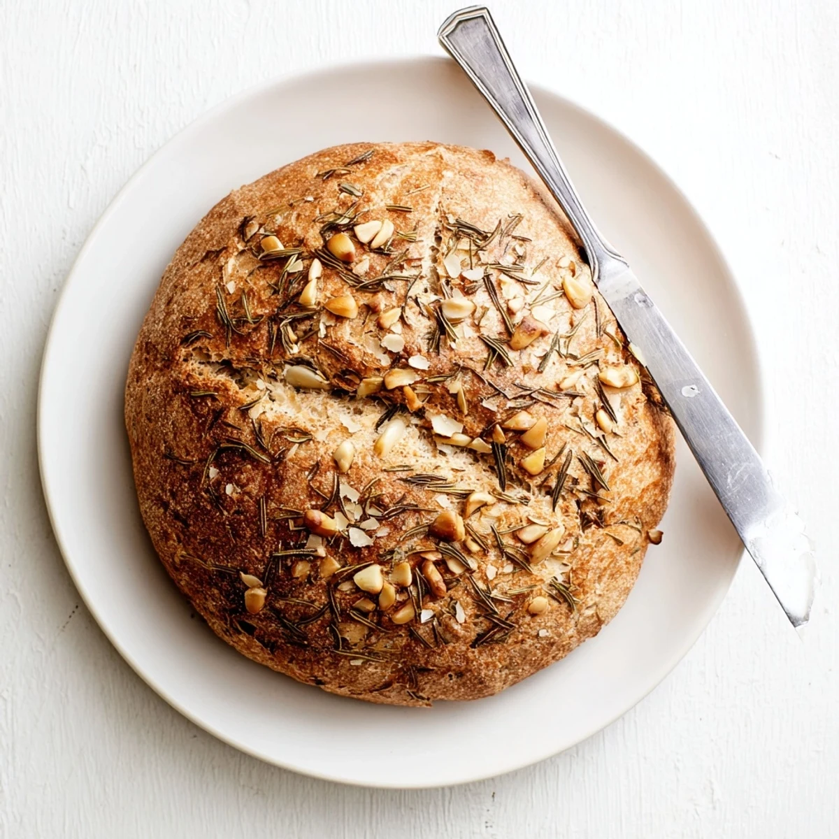 Rustic artisan loaf flecked with fresh rosemary and aromatic garlic baked to perfection in cast iron