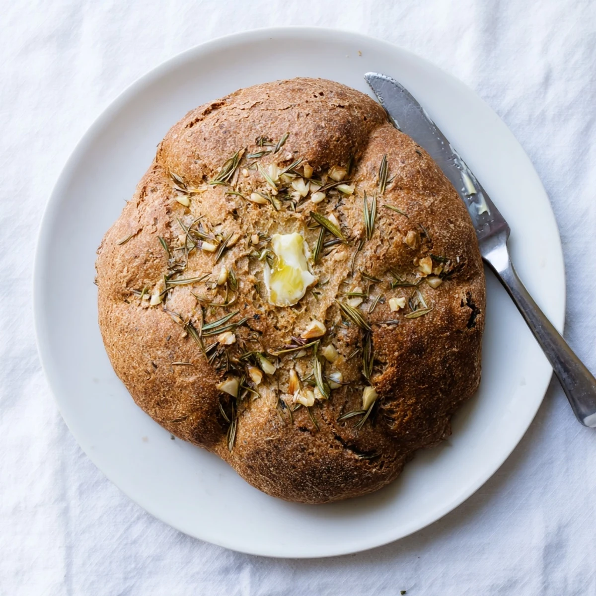 Warm homemade bread with rosemary and garlic cracked open revealing soft fluffy interior
